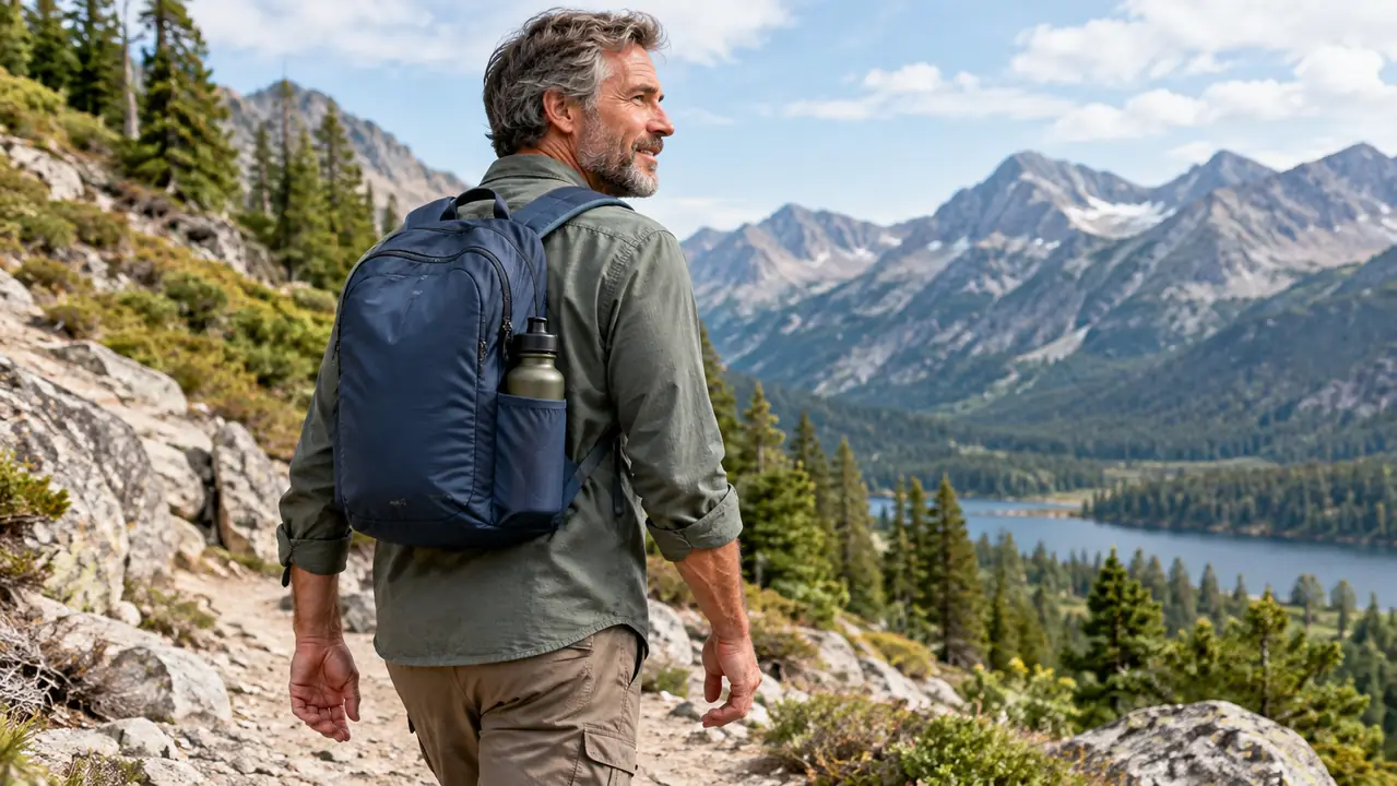 A hiker wearing a packable daypack on a rocky trail with a water bottle in the side pocket