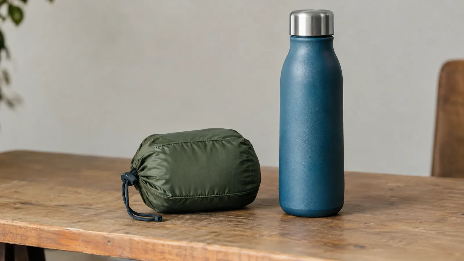 A packable daypack folded into its stuff sack next to a water bottle for scale