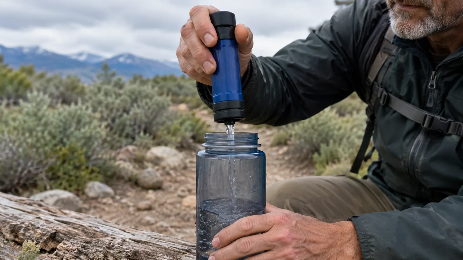 A hand squeezing a small filter over a wide-mouth water bottle on a trailside log