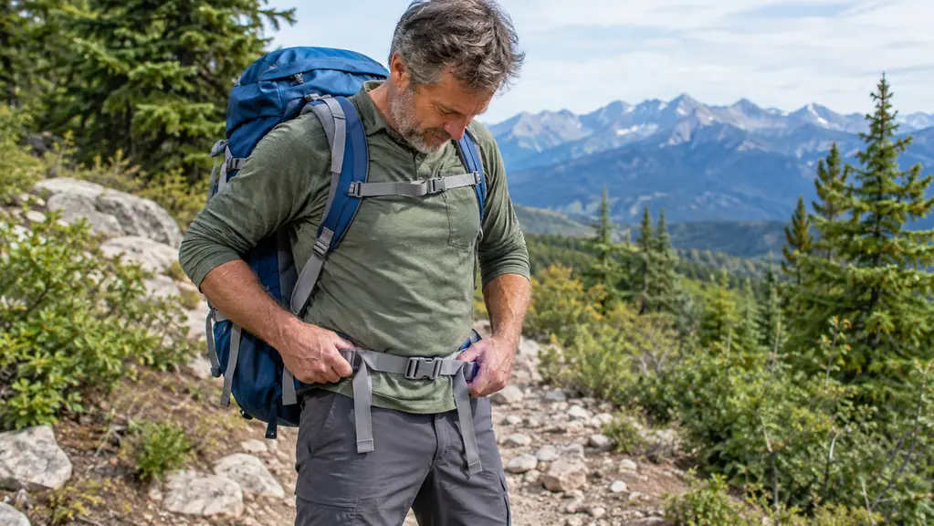 A hiker adjusting the hip belt of an internal frame backpack on a trail