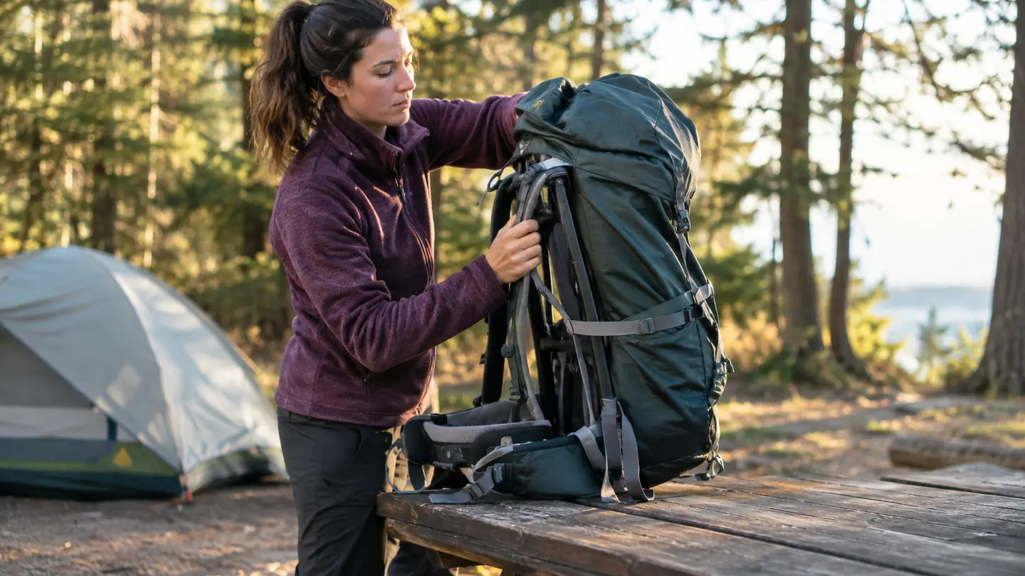 A hiker lifting an internal frame backpack onto a picnic table at a campsite