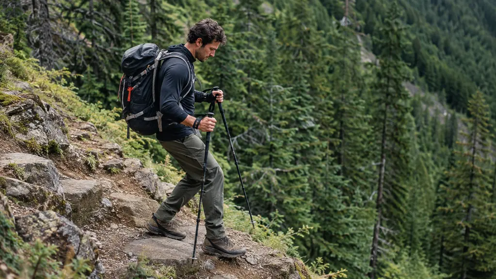 A hiker stepping down a steep switchback with both poles planted below