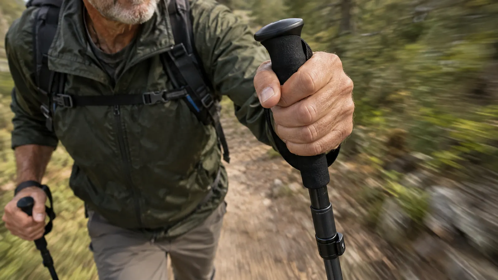 A close view of a hand gripping a trekking pole grip with an extended foam handle, on a trail