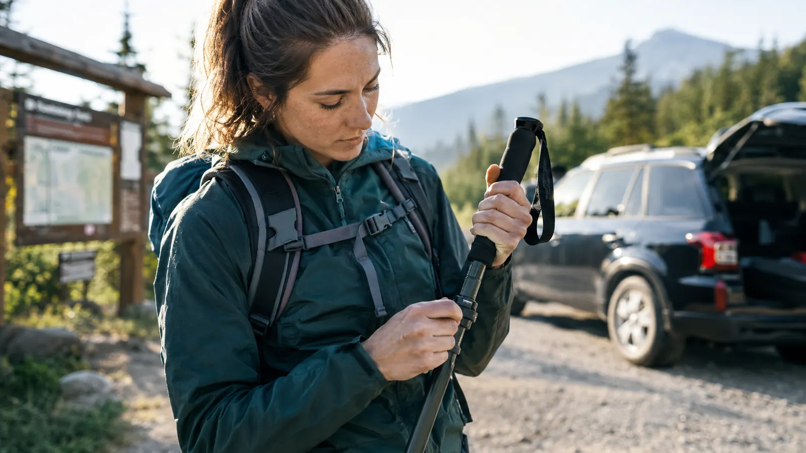 A hiker adjusting the length of a trekking pole beside a trailhead sign, with a car parked nearby