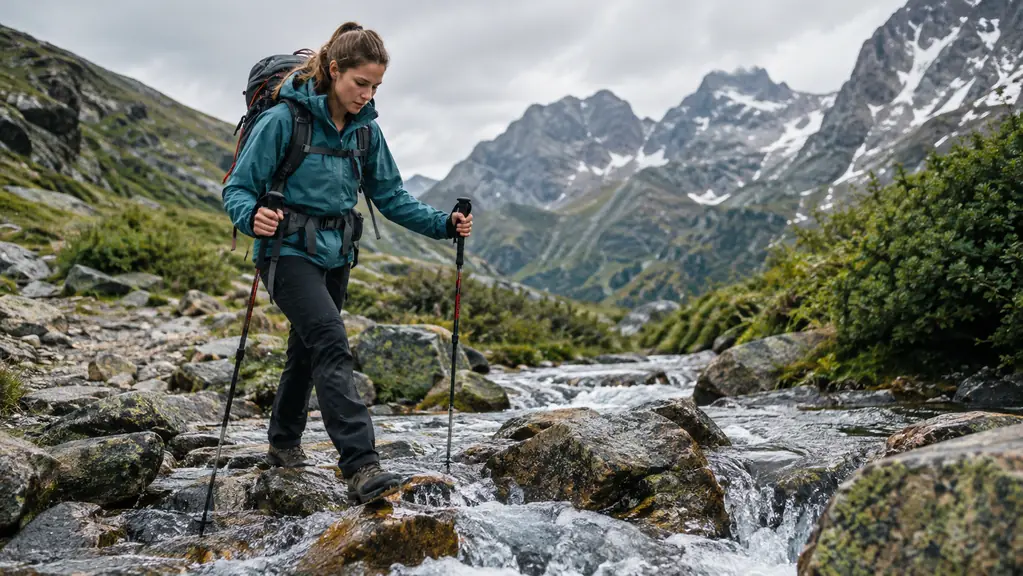 A hiker using trekking poles to cross a rocky stream on a mountain trail