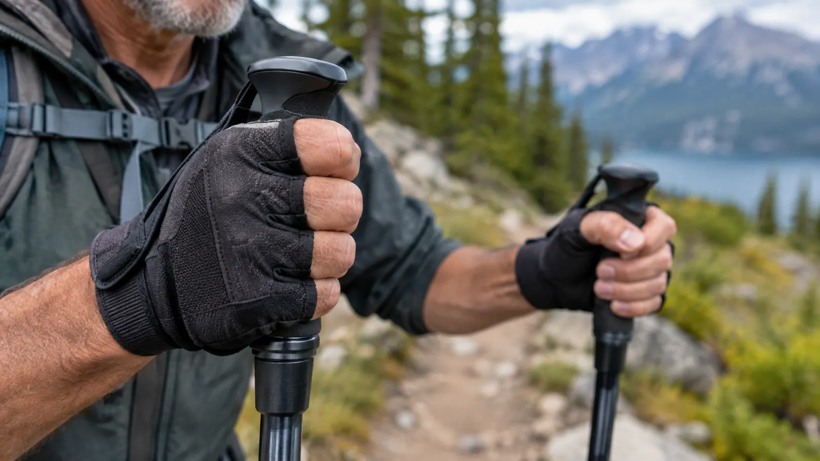 A gloved hand gripping a trekking pole handle with an extended foam grip