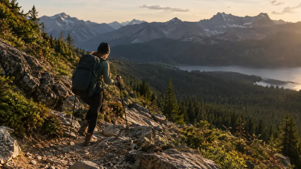 A hiker descending a rocky switchback trail with trekking poles planted ahead