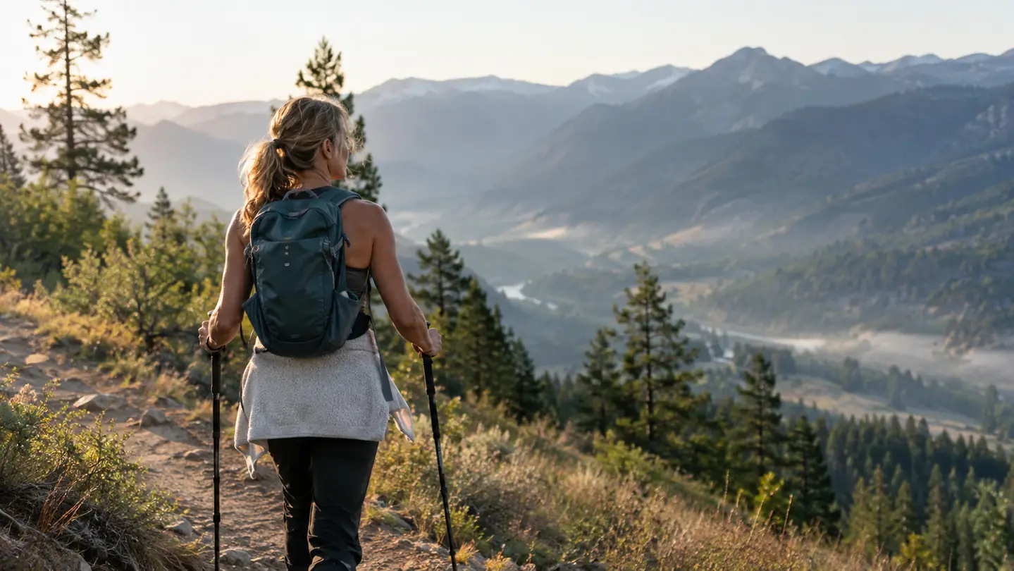 A hiker with a daypack walking a dirt ridge trail above a pine valley in morning light