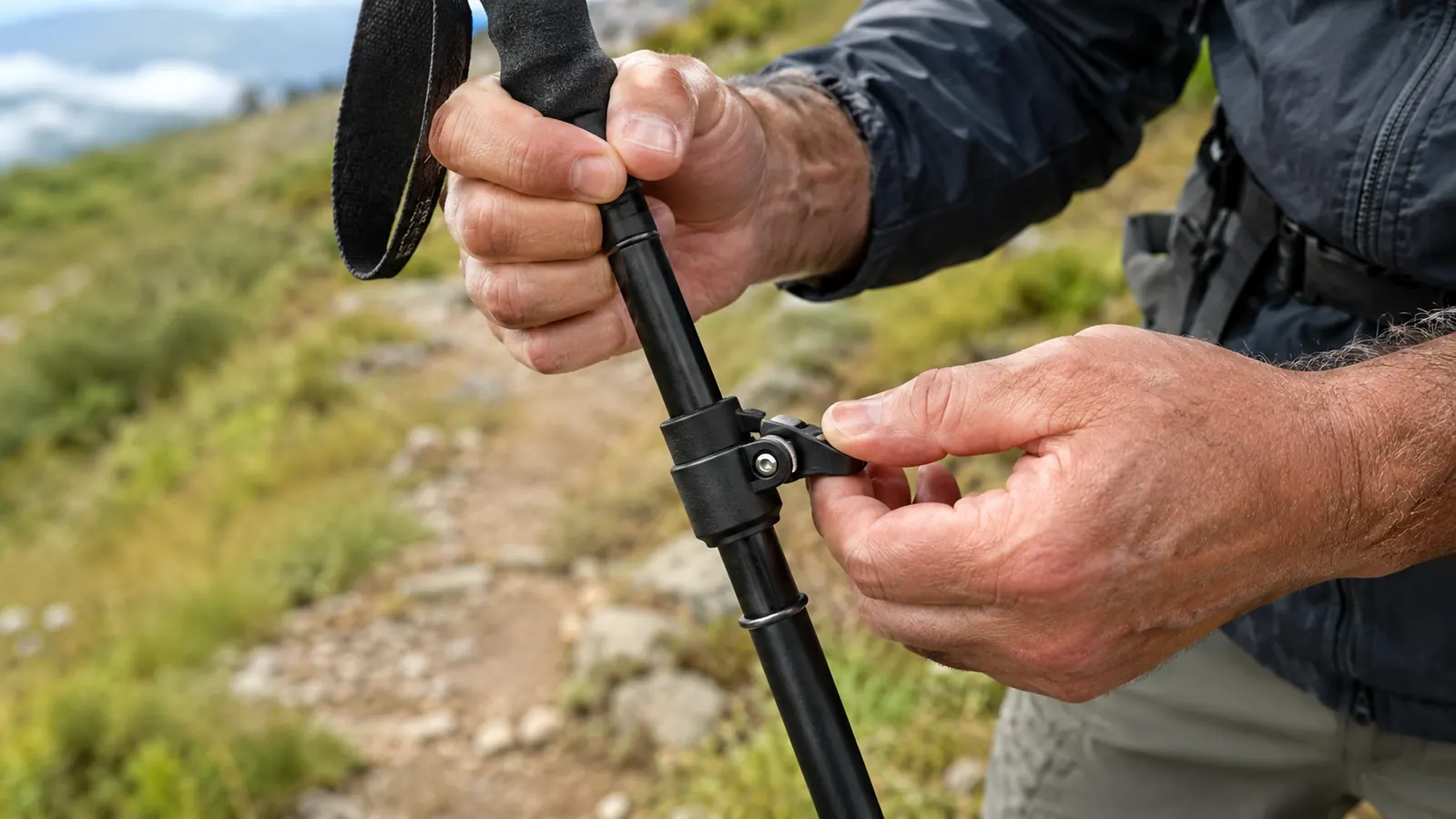 Close-up of a hand turning the twist lock on a trekking pole while the other hand holds the lower shaft