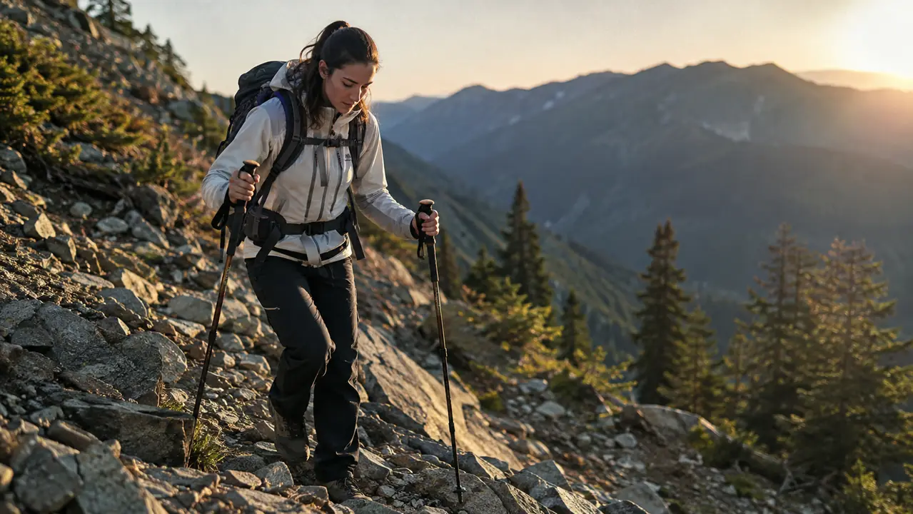 A hiker using trekking poles on a steep descent, knees slightly bent, poles planted downhill
