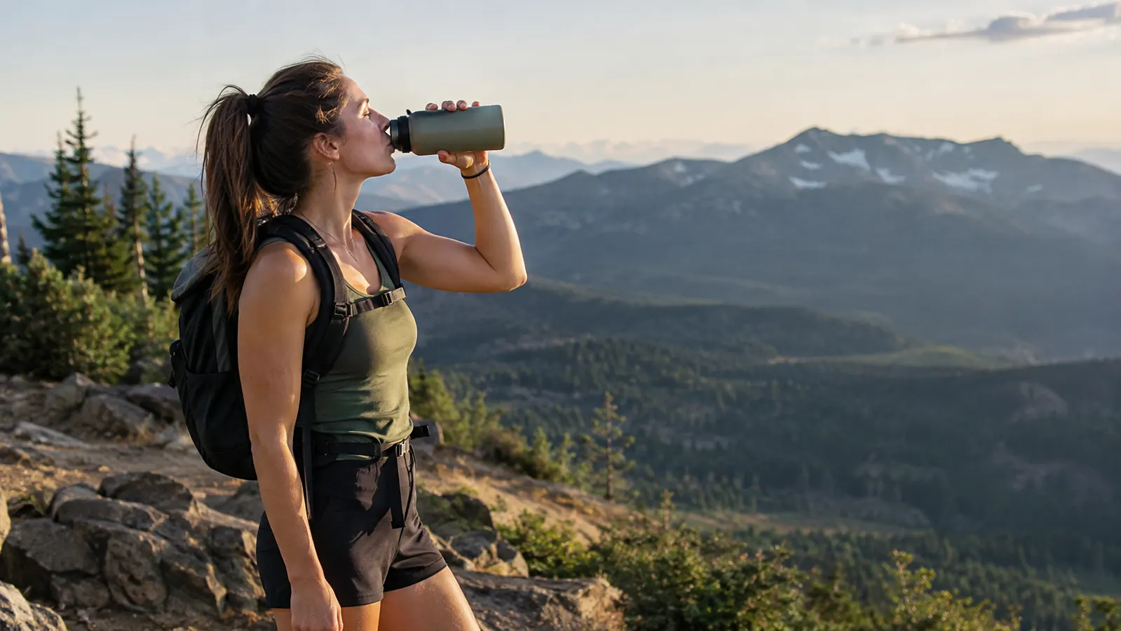 A hiker drinking from a water bottle on a rocky trail overlook