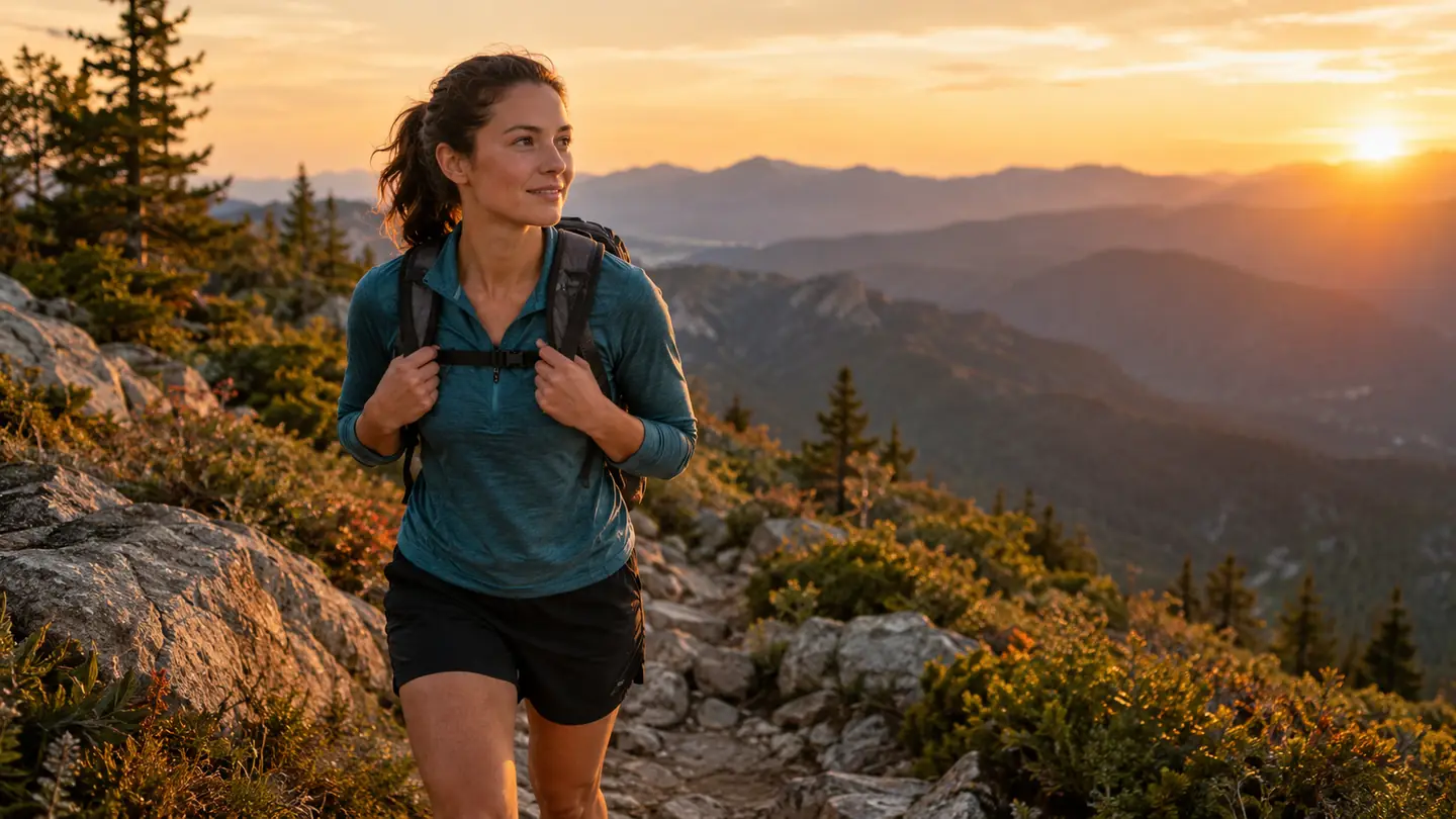 A hiker on a rocky trail at golden hour, wearing the packable daypack, with a distant mountain ridge behind