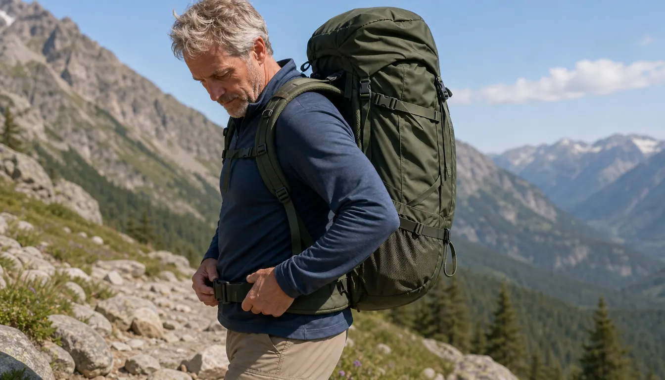 A hiker pausing on a rocky trail to adjust the hip belt of a backpack