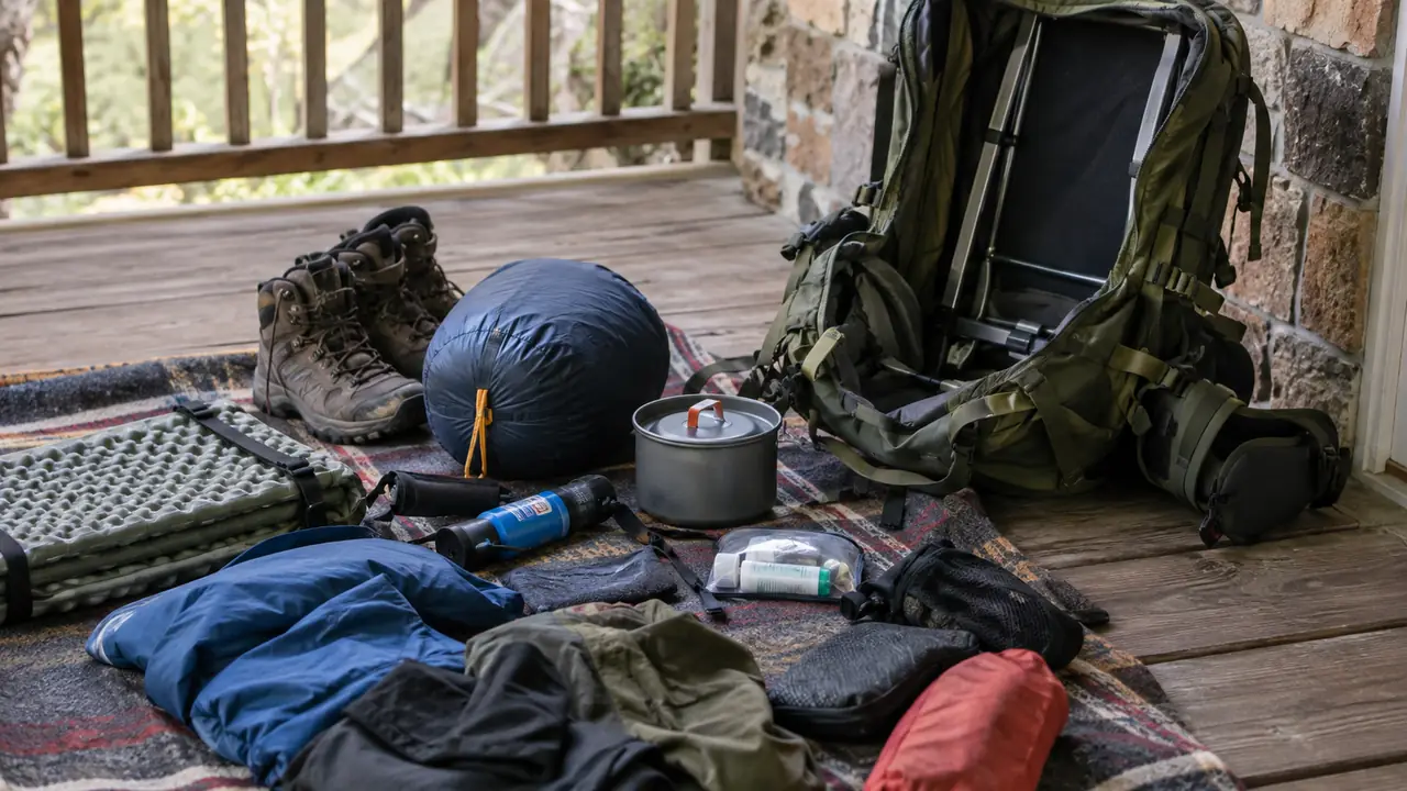 Backpacking gear laid out on a blanket beside an open backpack before packing