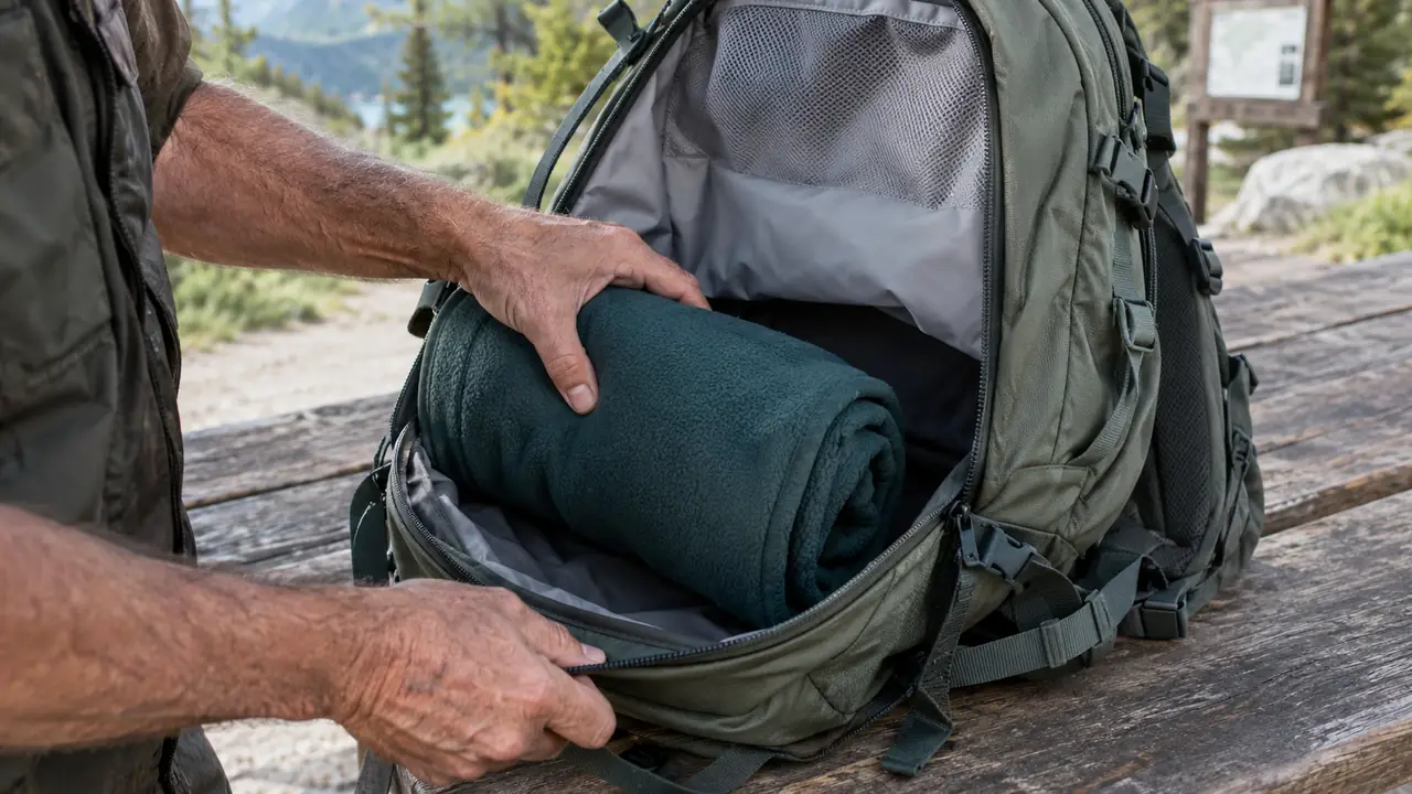 A hand placing a rolled fleece jacket into the bottom of an open daypack on a picnic table