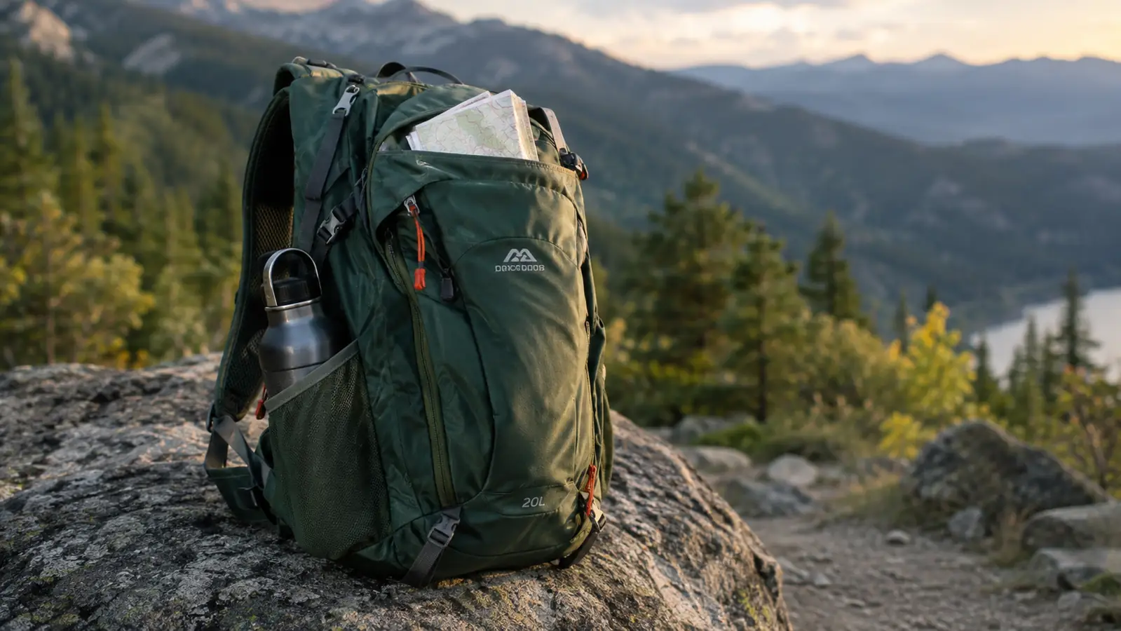 A daypack on a trailside rock with a water bottle in one side pocket and a folded map in the top pocket