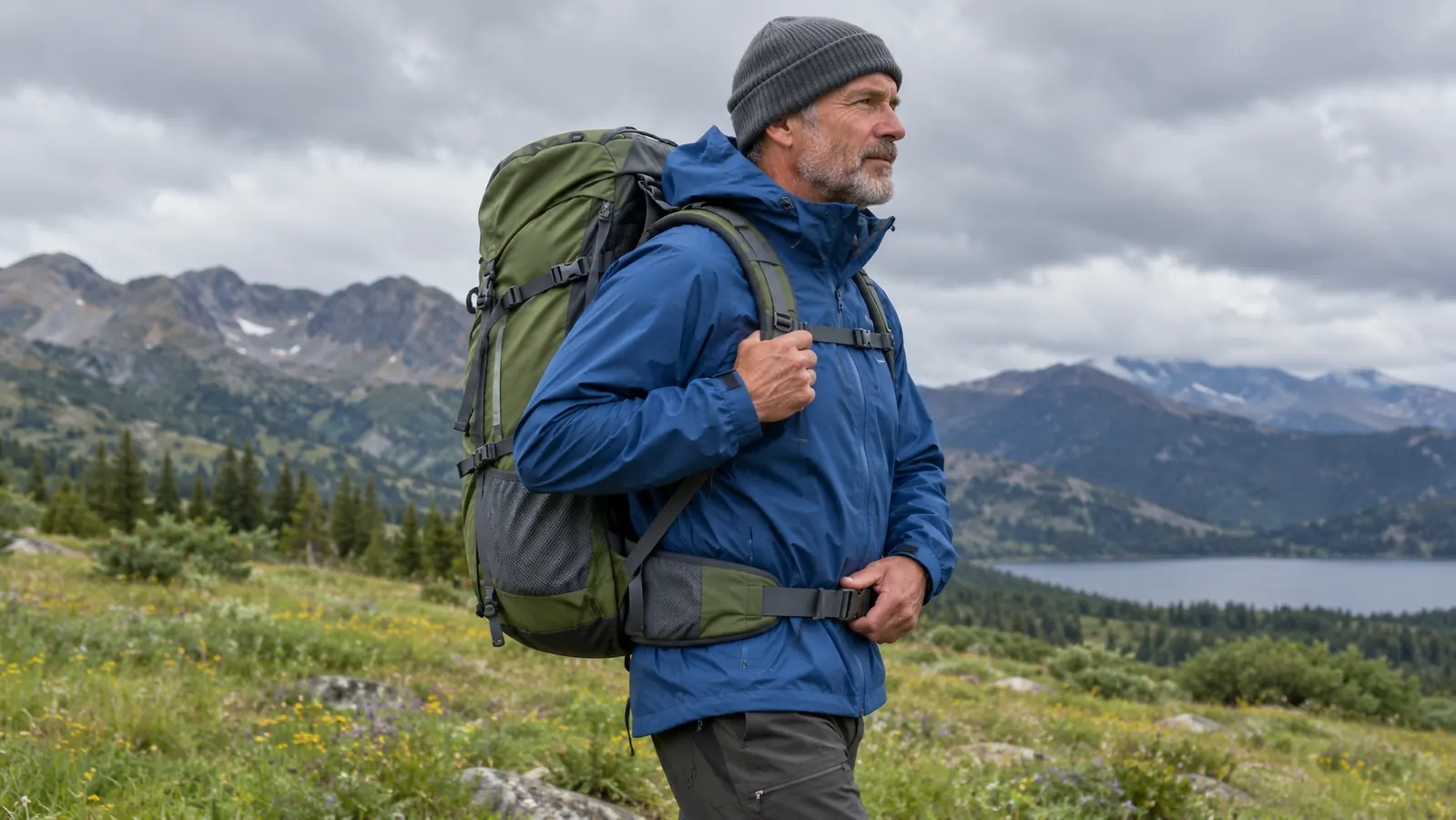 A hiker adjusting the straps of a large backpack in a mountain meadow