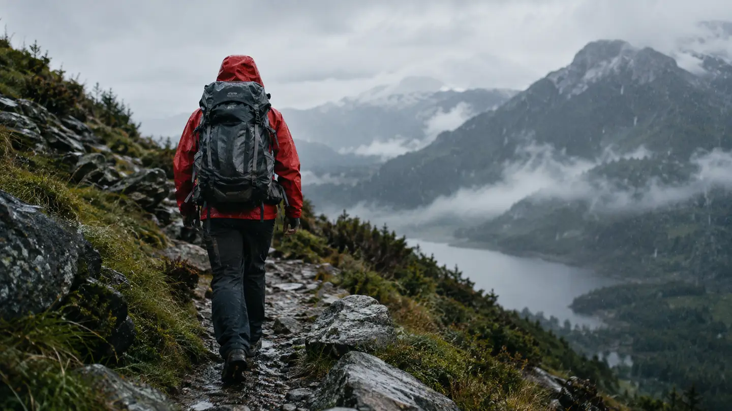 A hiker with a large backpack walking along a rocky mountain trail in the rain