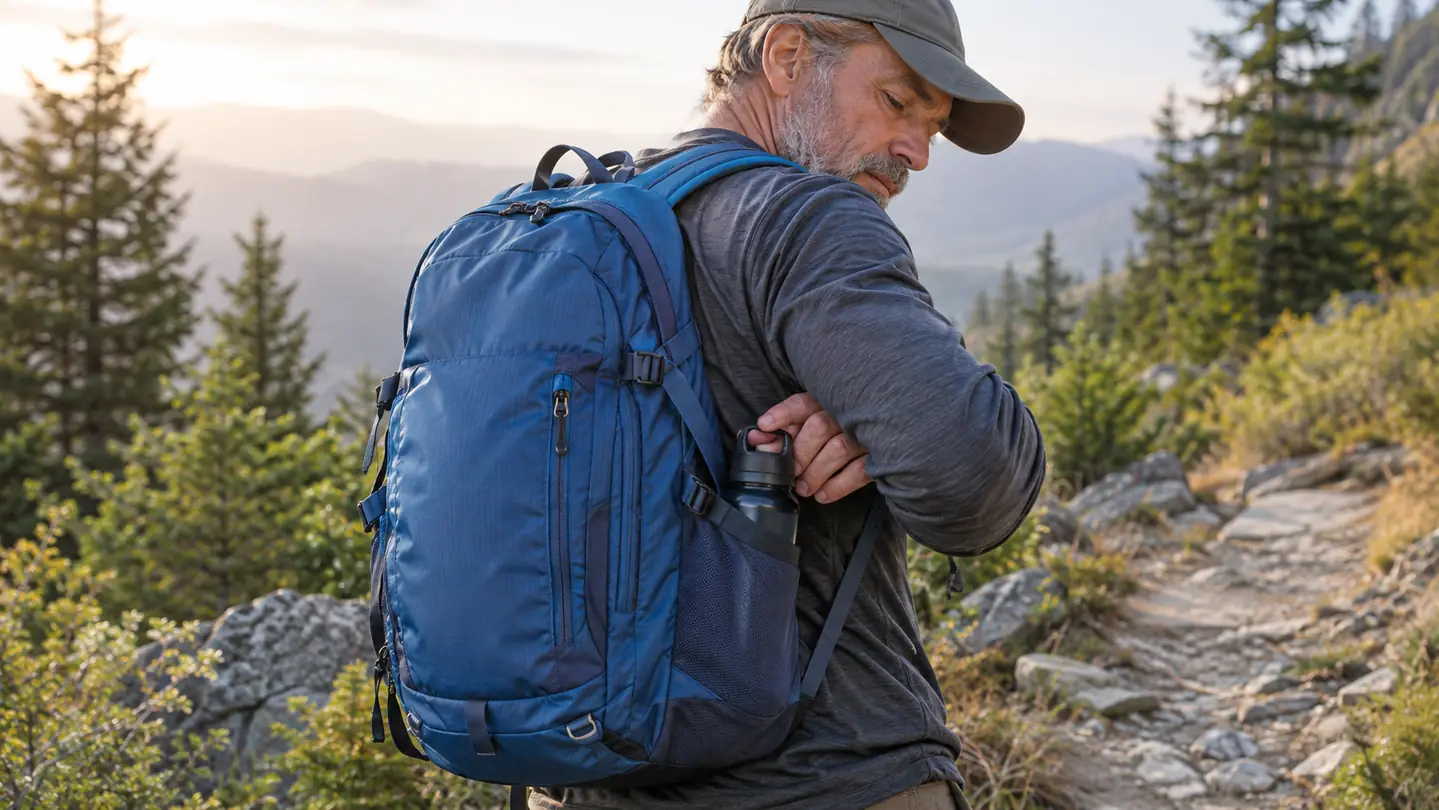 A hiker reaching for a water bottle in the side pocket of a small daypack on a trail