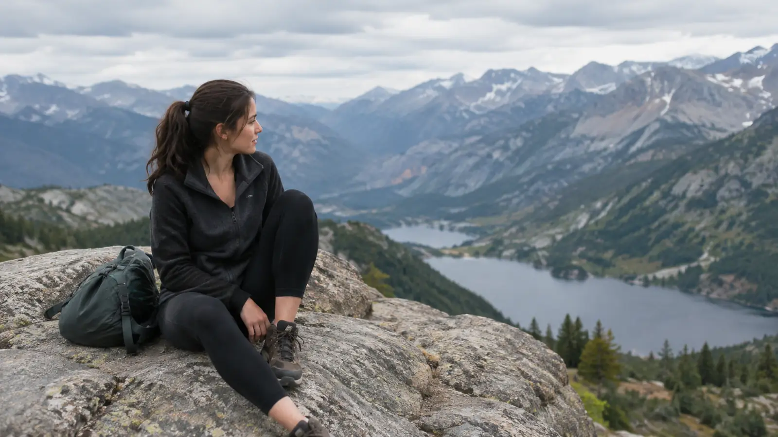 A woman sitting on a granite boulder, daypack beside her, looking over a mountain valley