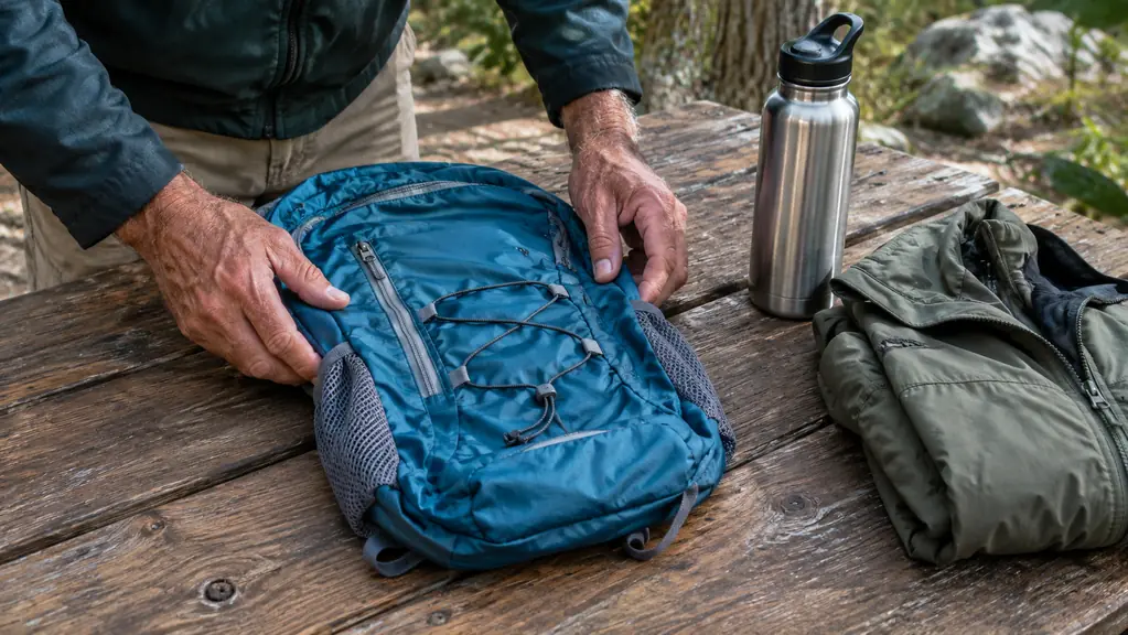 A packable daypack lying on a picnic table next to a water bottle and a folded jacket