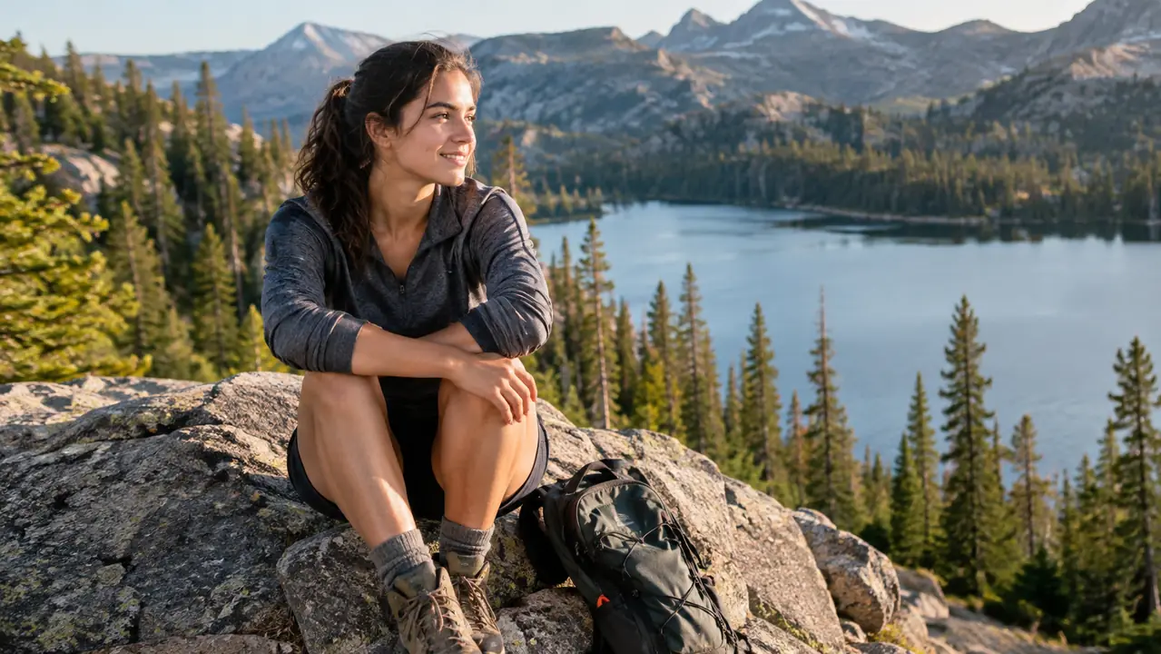 A hiker sitting on a granite boulder with a packable daypack at her feet, alpine lake behind her