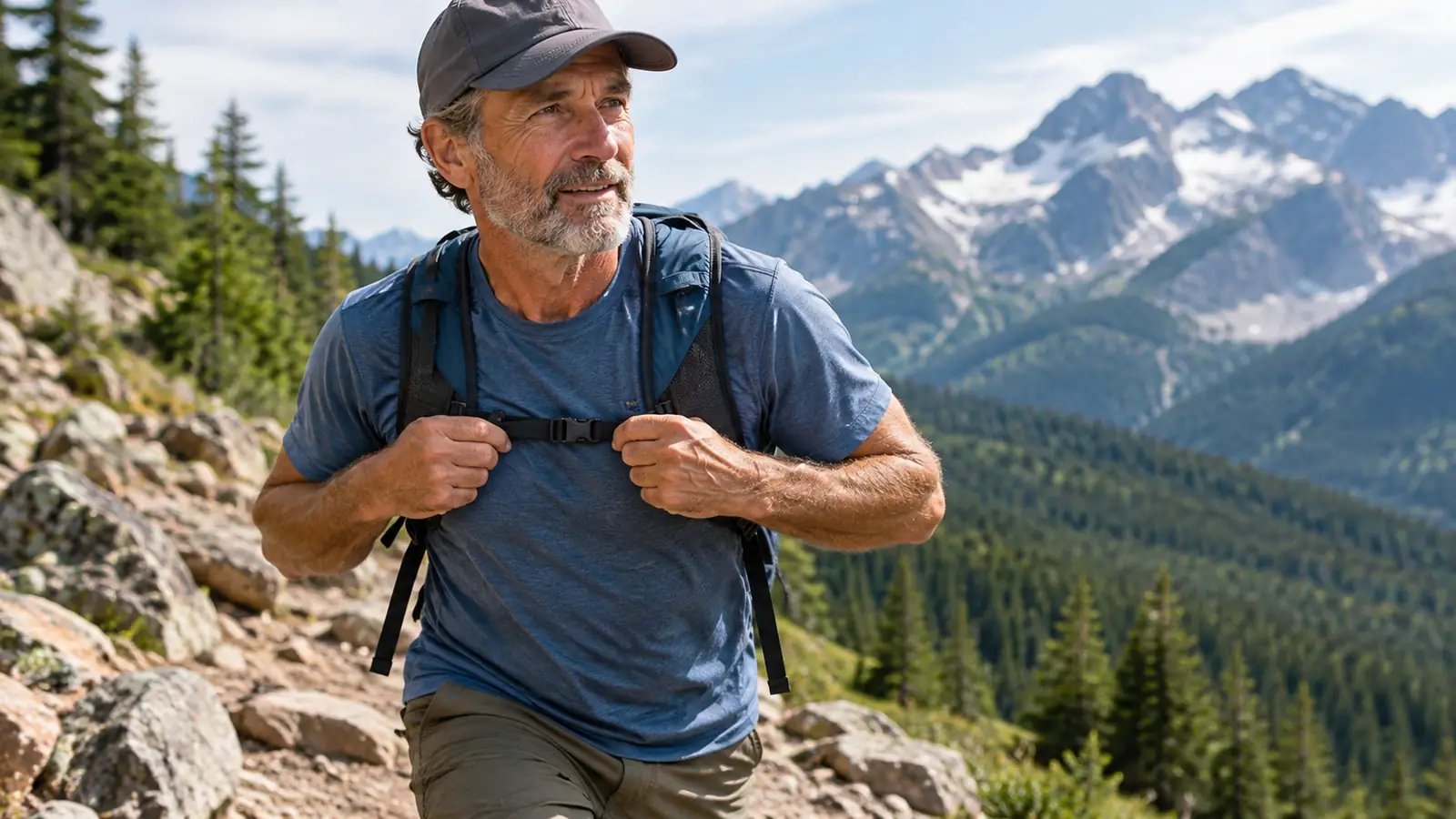 Hiker adjusting a packable daypack on a rocky trail