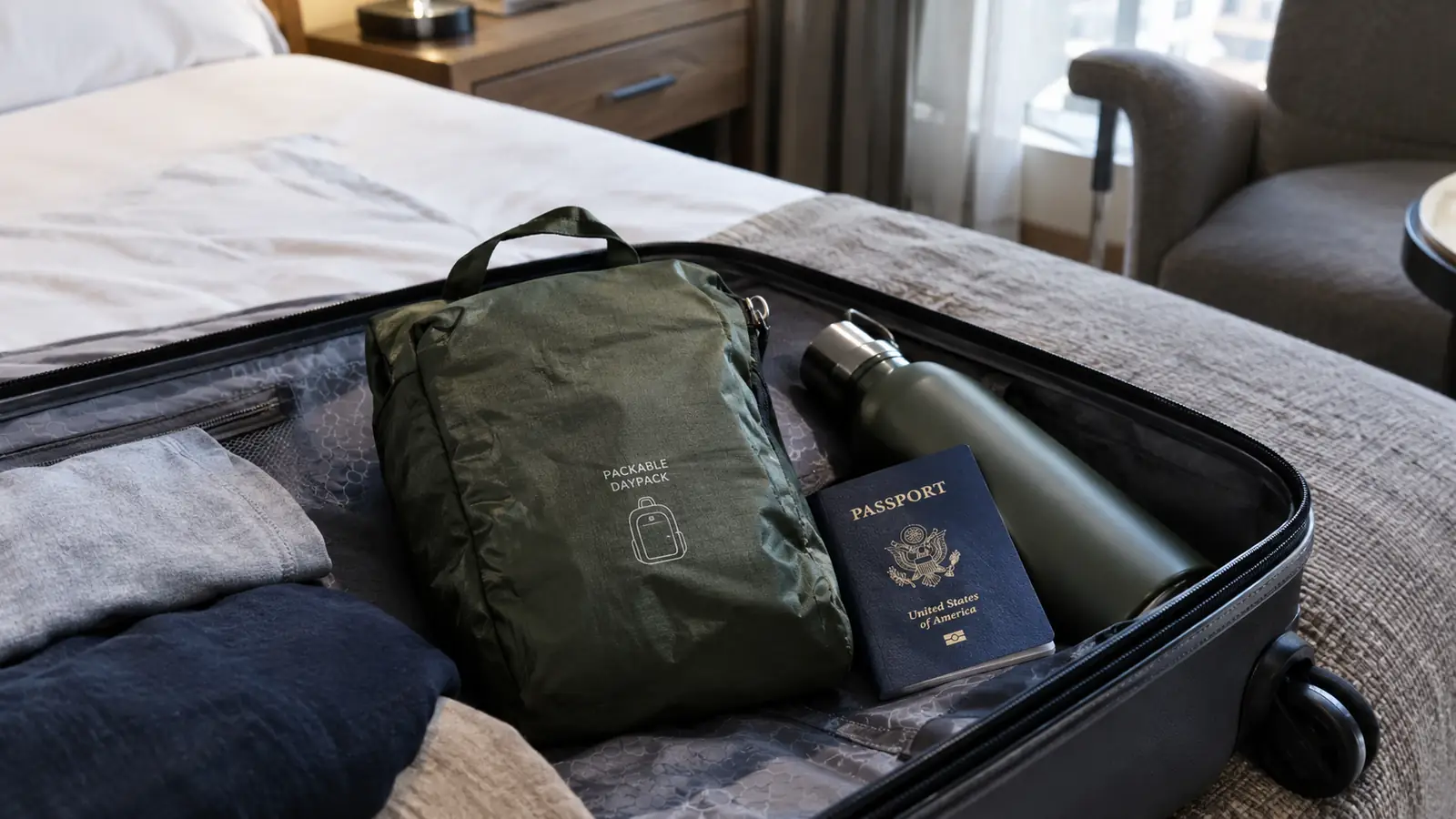Folded packable daypack tucked into an open carry-on suitcase