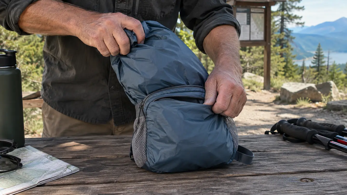 A hand folding a packable daypack into its attached stuff sack on a wooden picnic table