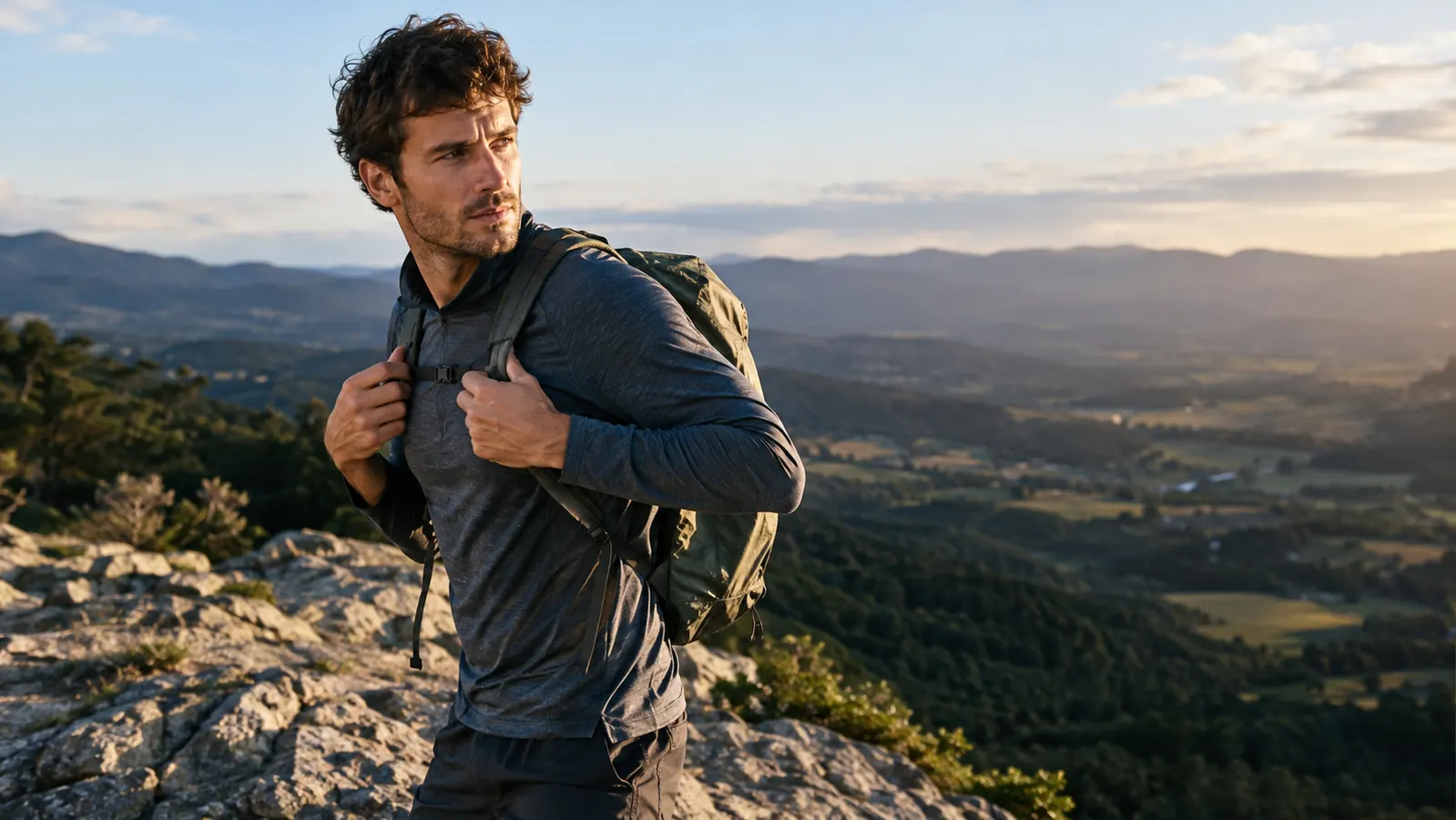 A hiker adjusting a daypack strap on a rocky ridgeline with a valley below