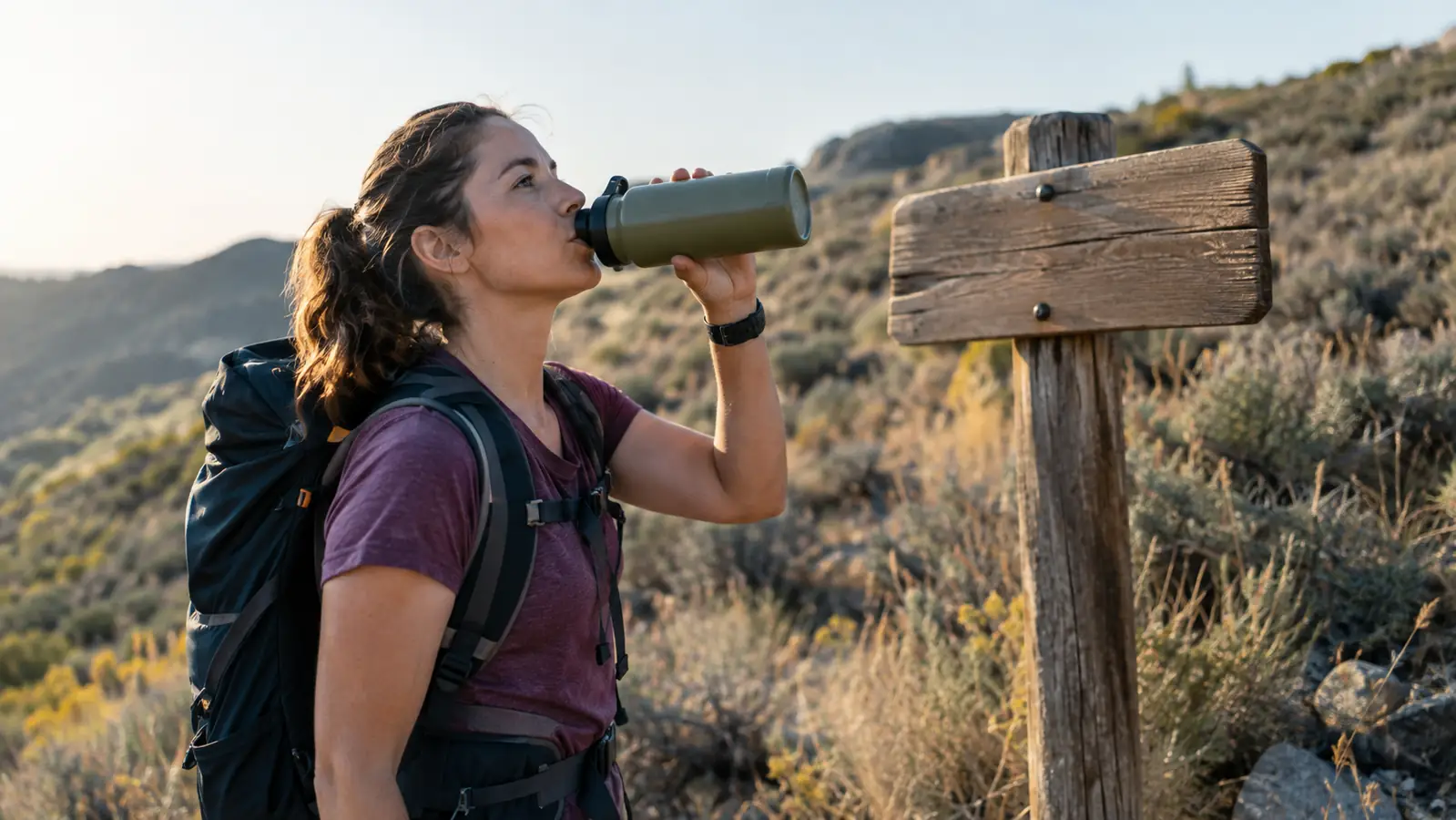 A hiker drinking from a filter bottle beside a trail sign, late afternoon light