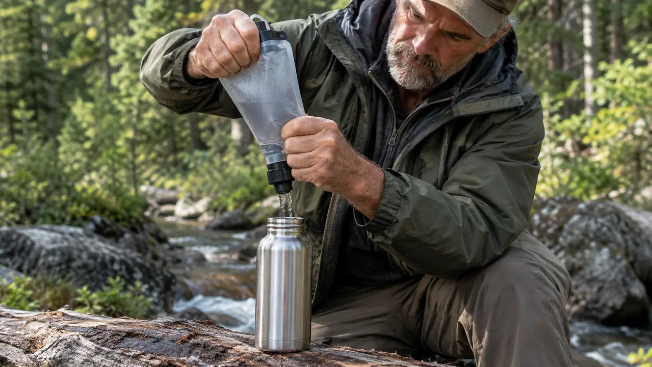 A hand squeezing a small filter pouch over a stainless steel water bottle on a trailside log