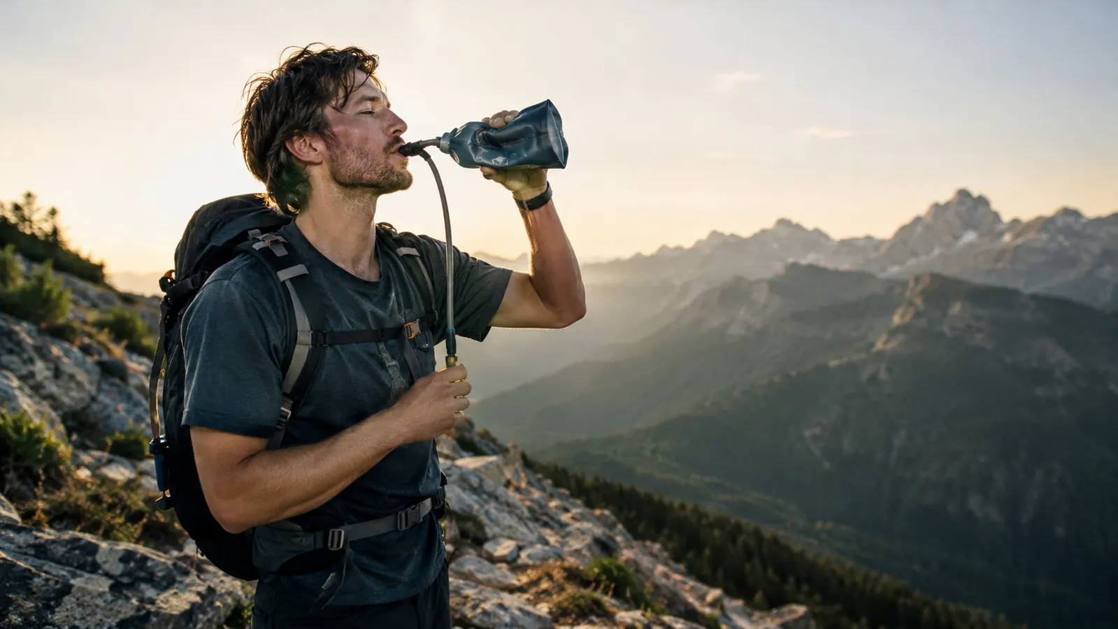 A hiker drinking from a small filter system while standing on a rocky trail, late afternoon light