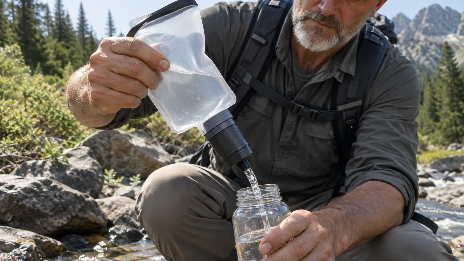 A hiker squeezing water through a small filter into a bottle