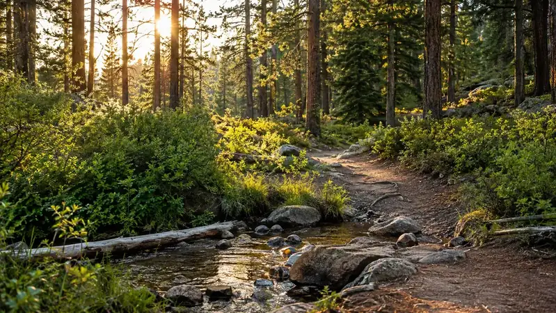 A trail through pine forest with a stream crossing