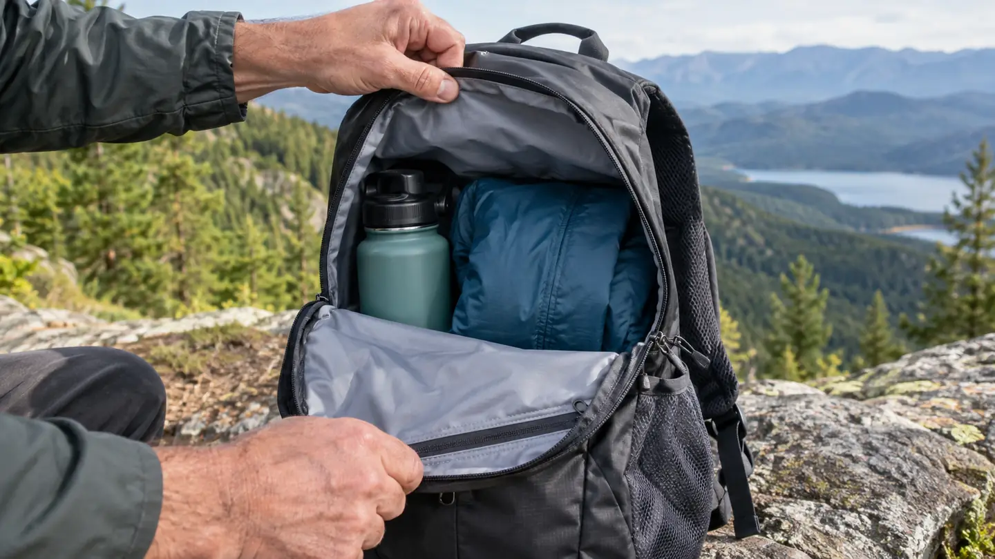 A hand opening the main compartment of a small daypack to show a water bottle and a folded jacket inside
