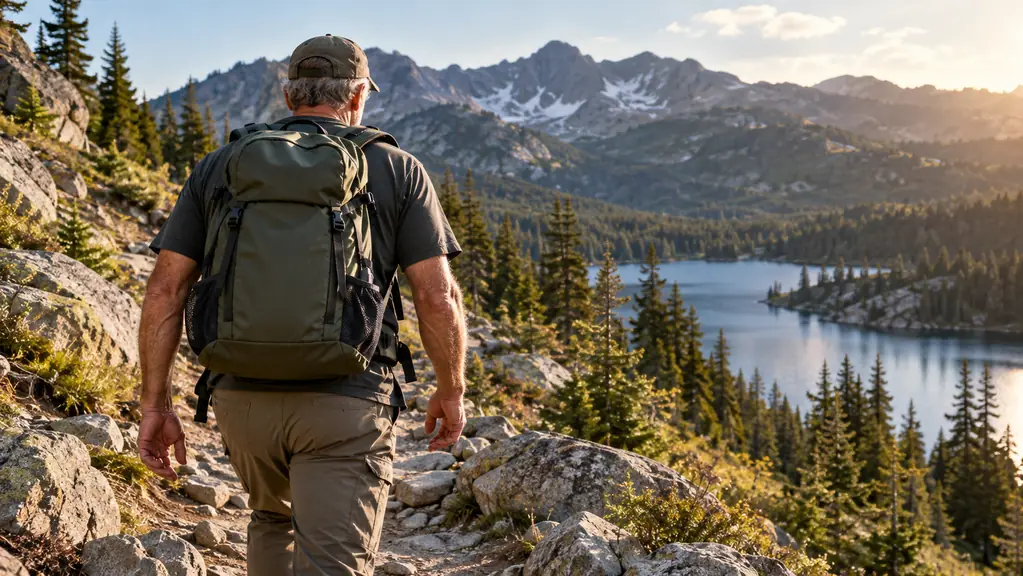 A hiker carrying a small 20L daypack on a rocky mountain trail with a lake in the distance