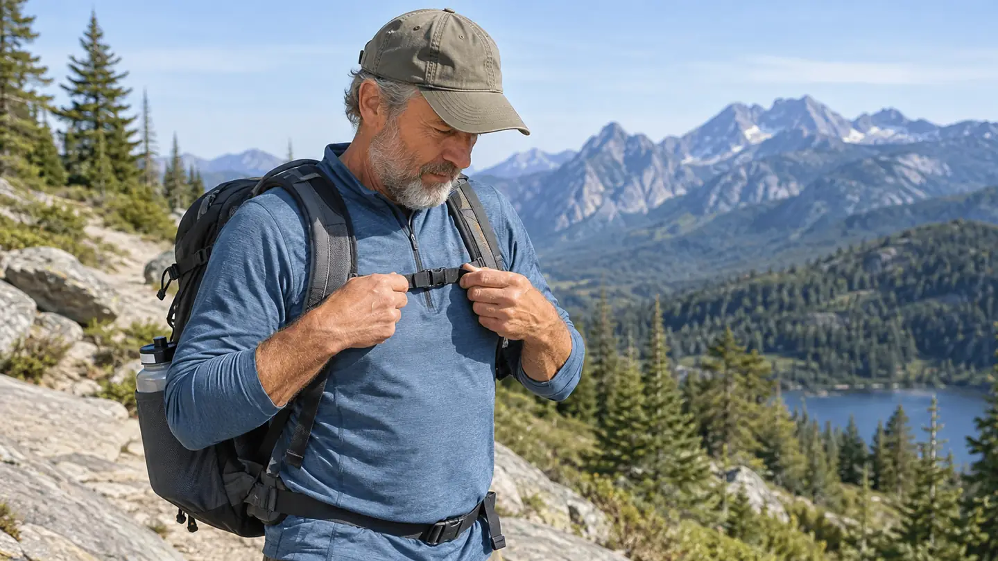 A hiker wearing a small daypack on a rocky trail, adjusting the chest strap