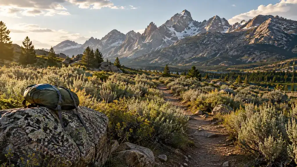A daypack resting on a rock beside a trail through sagebrush with mountains ahead