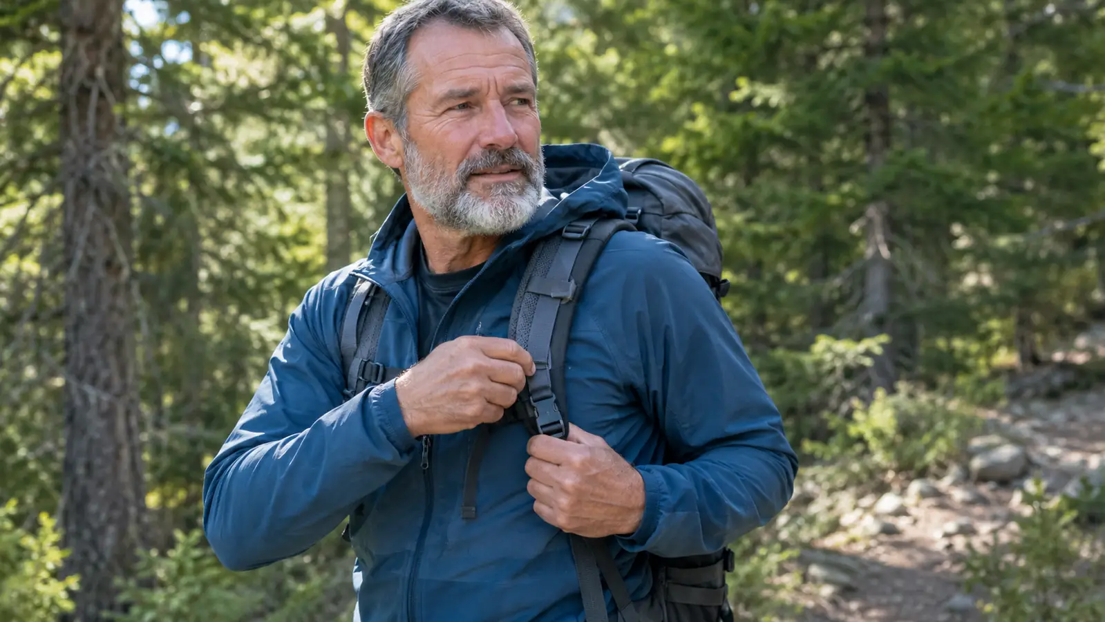 A hiker adjusting the shoulder straps of a large backpack while standing beside a trailhead sign