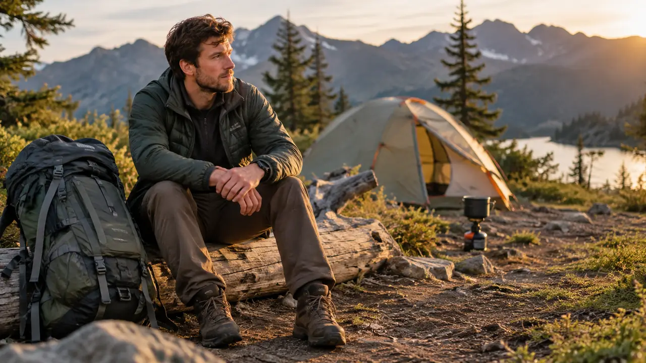 A hiker sitting on a log at a campsite with a large backpack leaning against the log, a small tent and cook stove nearby