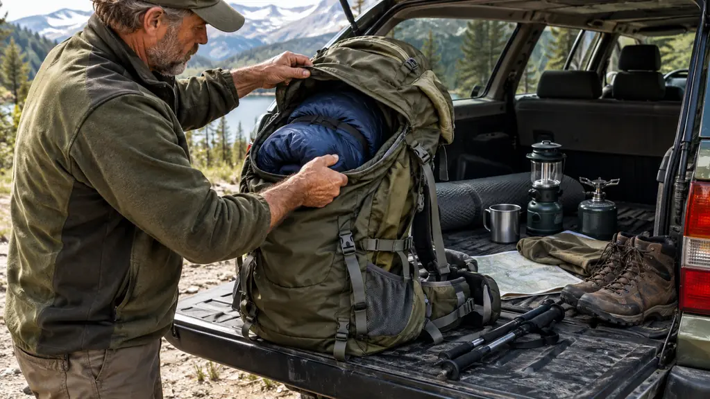 A hiker loading a large backpack on the tailgate of a car beside a camp stove and a small tent