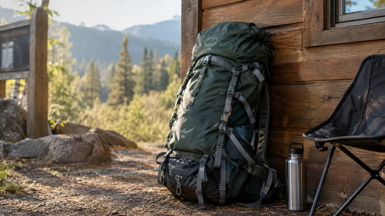 A large hiking backpack leaning against a wooden cabin wall beside a camp chair and a water bottle