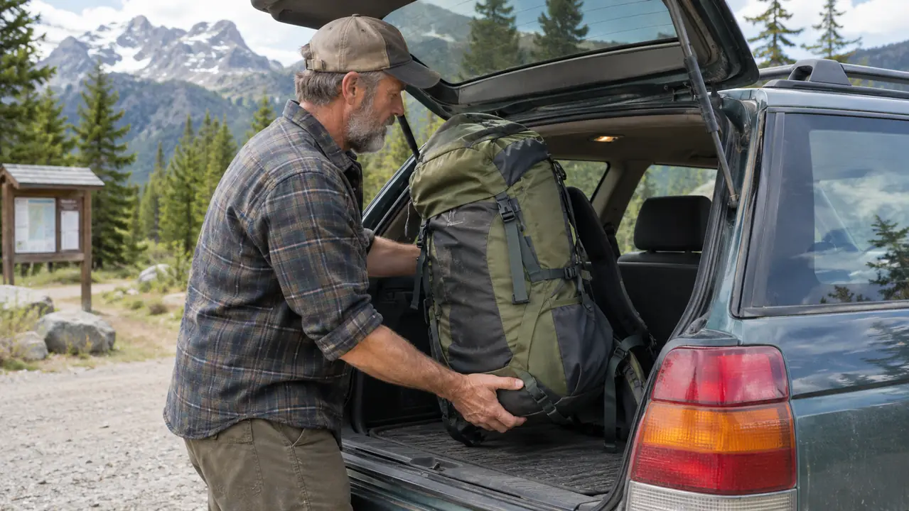 Hiker loading a large backpack into the back of an older Subaru Outback at a trailhead