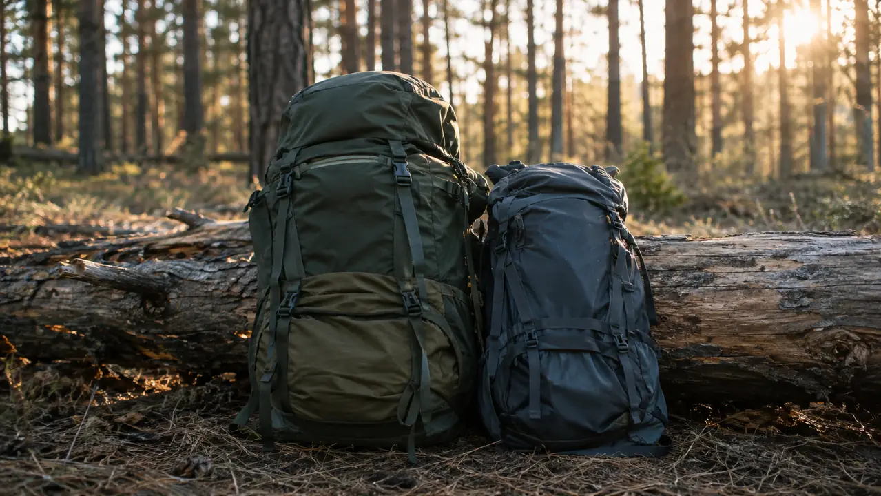 Two hiking backpacks of different sizes leaning against a fallen log in a pine forest
