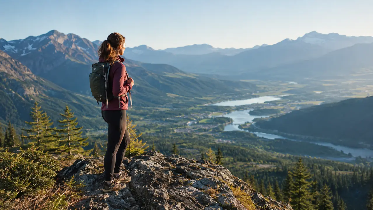 A hiker standing on a ridge with a small pack on her back, looking out over a valley