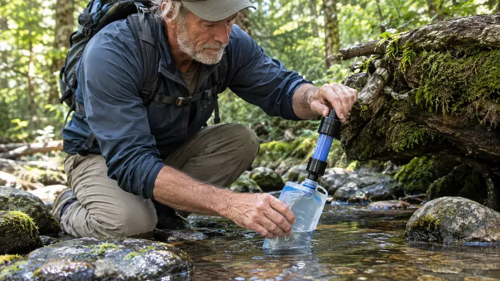 A hiker filling a small water filter pouch from a shallow creek