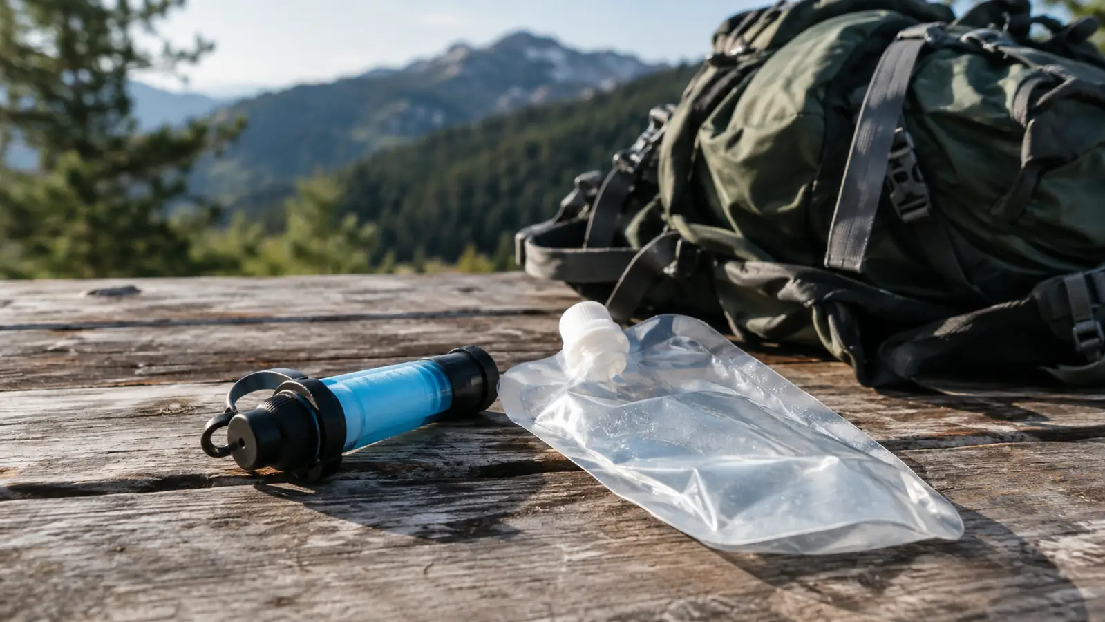 A small water filter and its pouch laid out on a picnic table with a pack in the background