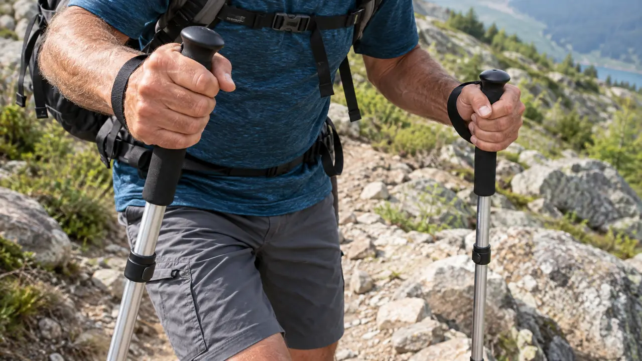 Close-up of a hiker's hands gripping extended foam grips on aluminum trekking poles while walking downhill