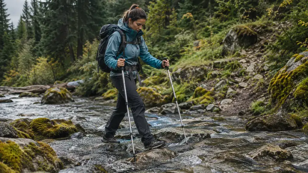 A hiker crossing a shallow creek using trekking poles for balance in a forested mountain valley